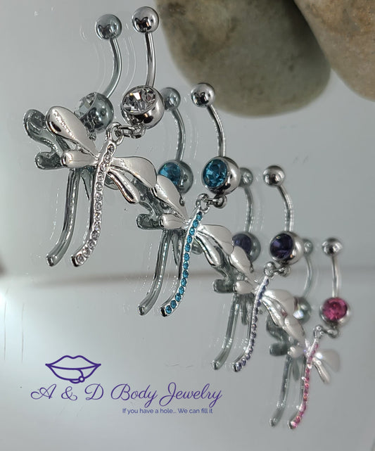 Dragonfly Gem Dangle Navel Ring - Belly Ring