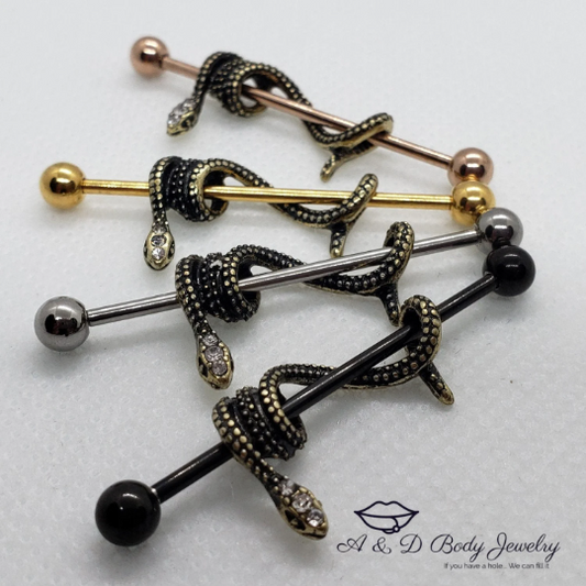 Gold Plated Snake Industrial Barbell ~ Industrial Piercing