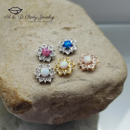 Cubic Zirconia Flower Opal Dermal Anchor Top - 14 Gauge