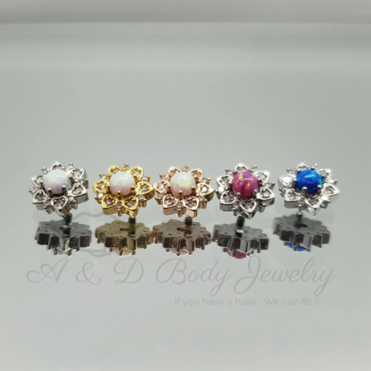 Cubic Zirconia Flower Opal Dermal Anchor Top - 14 Gauge