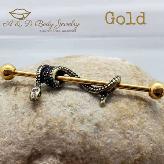 Gold Plated Snake Industrial Barbell ~ Industrial Piercing