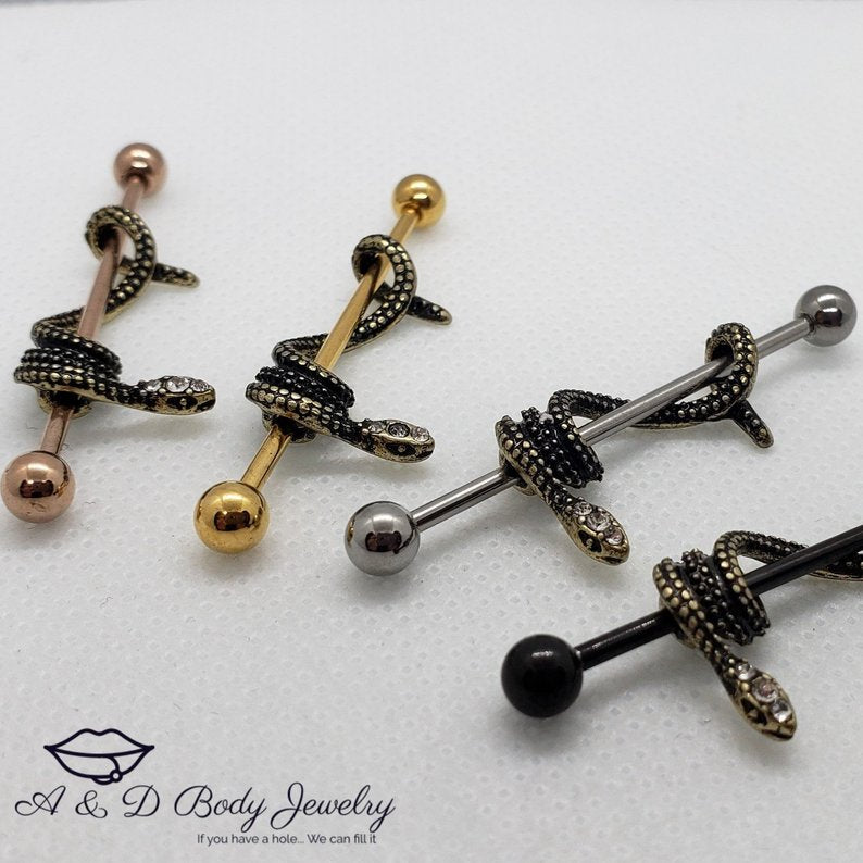 Gold Plated Snake Industrial Barbell ~ Industrial Piercing