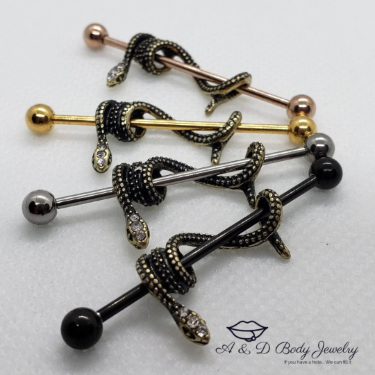 Gold Plated Snake Industrial Barbell ~ Industrial Piercing