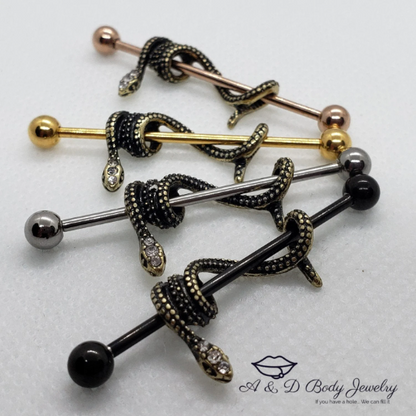 Gold Plated Snake Industrial Barbell ~ Industrial Piercing