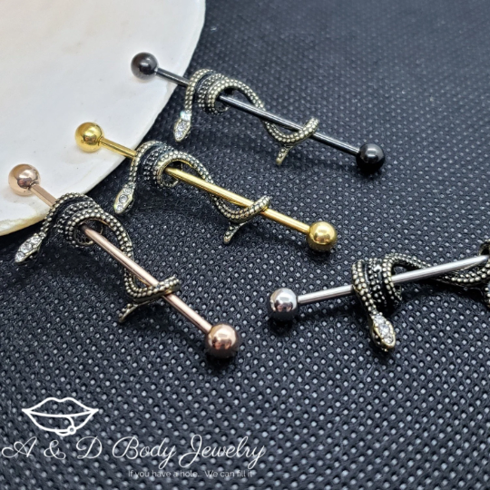 Gold Plated Snake Industrial Barbell ~ Industrial Piercing